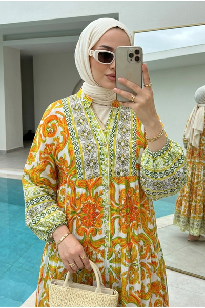 Kirazca Butik Women's Ottoman-Inspired Patterned Hijab Dress (Unlined)