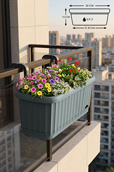 ToXA 5.9 Litre Yeşil Askılı Sütun Balkon Saksı Çizgi Desenli Hazneli Mat Plas...