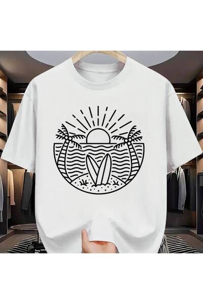 17 seramik Summer Beach Style Round-Neck T-Shirt Featuring a Surfing Coconut ...