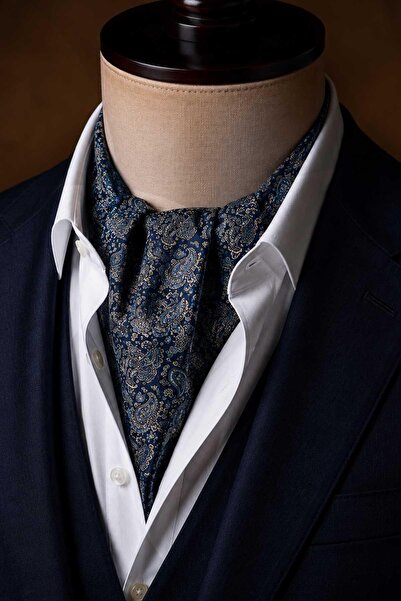 Kravatkolik Turquoise Navy Blue Shawl Pattern Italian Silk Ascot Tie Sac96