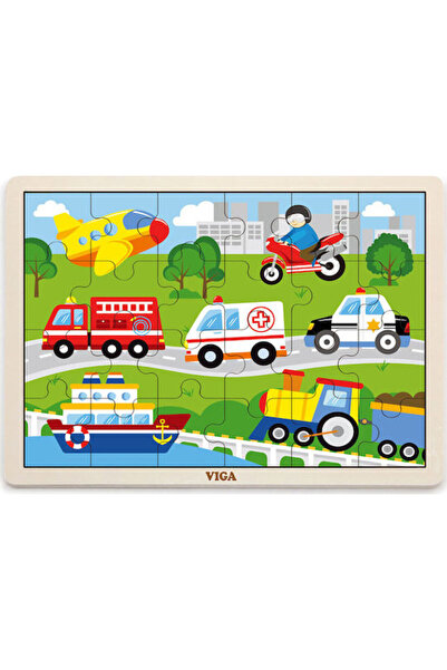 Viga Toys Puzzle din lemn pentru copii, Vehicule din lemn, pentru 2+ ani, 24 ...