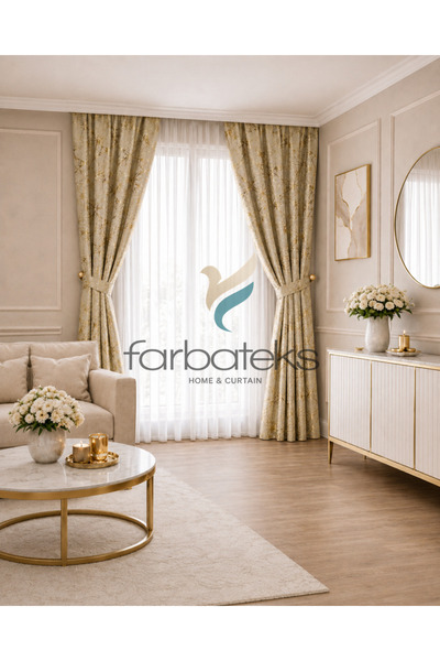 farbateks Krem Gold Varak Parlak Bağcıklı Opart Kumaş 2Kat Pileli Fon Perde