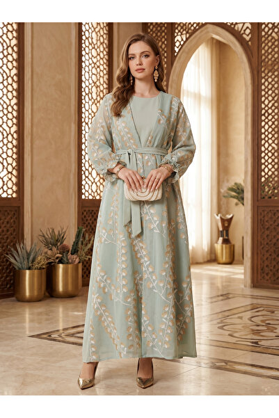 Greneric Muslim Abaya Two-Piece Set with Gold Floral Embroidery and Belt