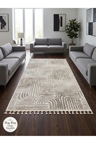NaRStore Home Kaymaz Taban Krem Bej Modern Desenli Yıkanabilir Saçaklı Salon ...