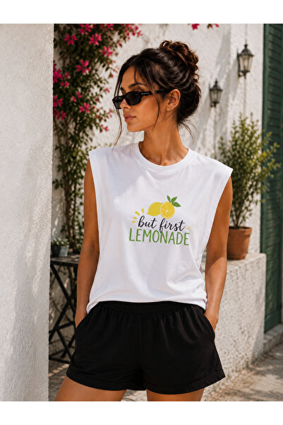 caddekombin Sıfır Kollu Lemonade Baskılı Pamuk Penye Bisiklet Yaka T-shirt