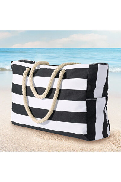 Choice Black Striped Zipper Beach Bag Large Beach Tote Bag Waterproof Sandpro...