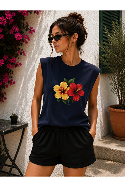 caddekombin Zero Sleeve Floral Printed Cotton Combed Crew Neck T-Shirt