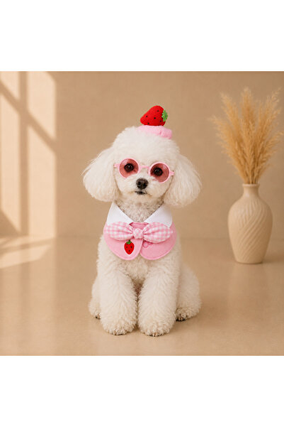 Olchi Pembe Papyonlu Çilek Nakışlı Köpek Boyun Yakalığı Dekoratif Pet Aksesuarı