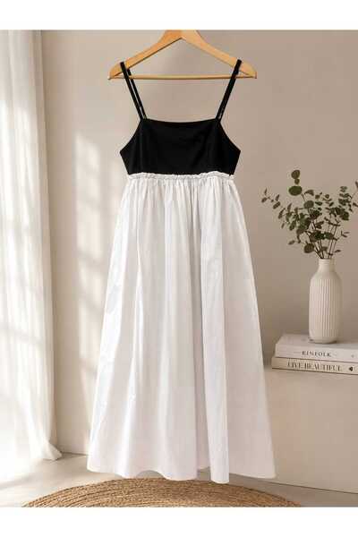 veracraft Women's Black and White Strappy Long Dress with Drawstring Detail Oversized Summer Maxi Dress