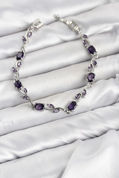 Clariss Brass Silver Color Purple Zircon Stone Flower Model Women's Bracelet