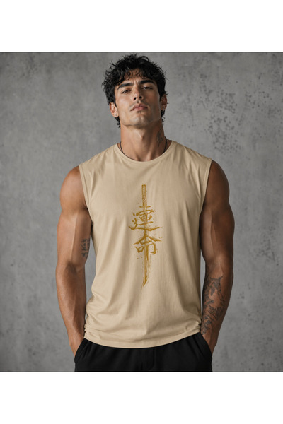 caddekombin Men's Vertical Japanese Katana Sword Printed Zero Sleeve Round Ne...