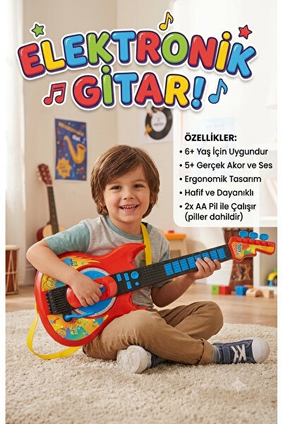 sfs elektrik Müzikli Elektronik Rock Gitar - Askılı, Ses Efektli Eğitici Oyun...