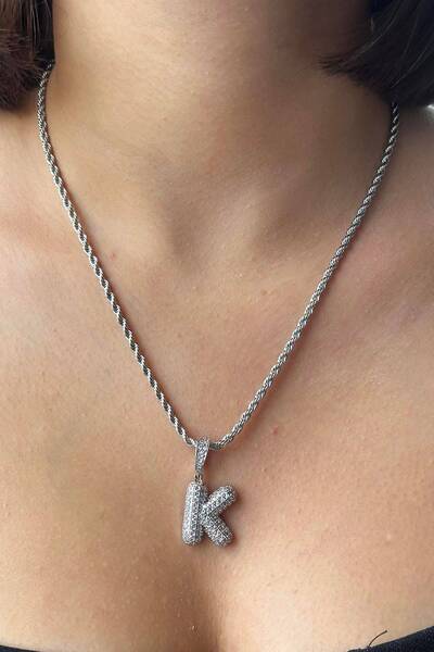 Haziran Accessory, Zircon Stone, Twisted Chain Balloon Letter, Silver Steel N...