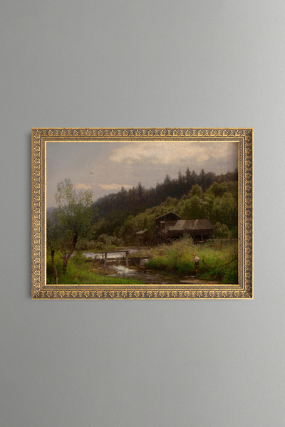 epiqart Farmhouse Next to the Stream - Vintage Patterned Painting - Fine Model