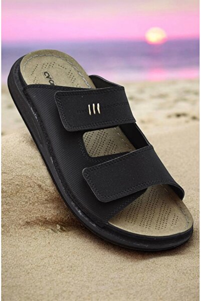 PAPATAY 6507 Men's Black Velcro Orthopedic Slippers – Full Orthopedic Sole Da...