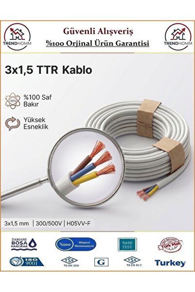 ÖZNUR 3x1,5 TTR Elektrik Kablosu - Beyaz - %100 Bakır