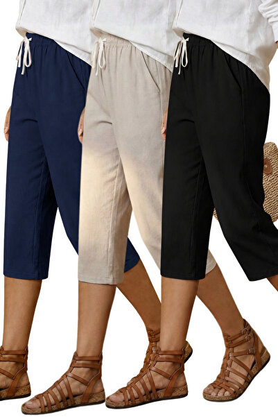 Tarz Cool Women's Set of 3 Black Beige Navy Blue Linen Blend Elastic Waist Ca...