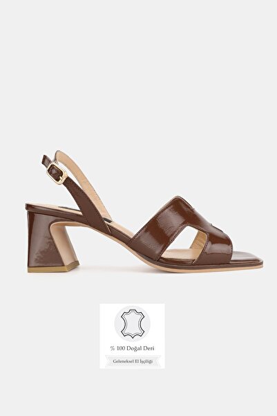 TUNAELLİ Women's Brown Patent Leather Genuine Natural Leather Thick Heel Open...