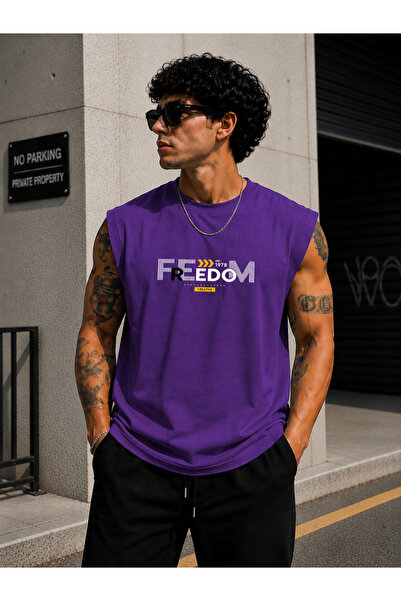 caddekombin Zero Sleeve Unisex Freedom Printed Cotton Combed Crew Neck T-Shirt