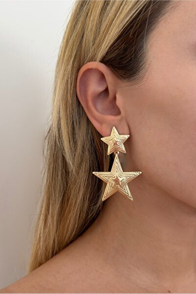 Lavian Accessories Yıldız Detaylı Sallantılı Gold Küpe