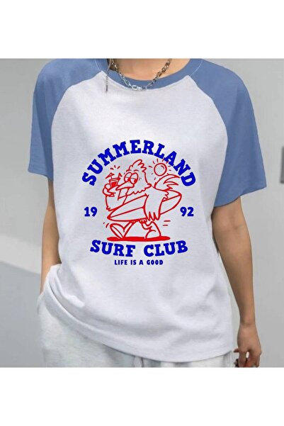 Minga London تي شيرت Summerland Surf Club مطبوع باللون الأزرق بأكمام راجلان