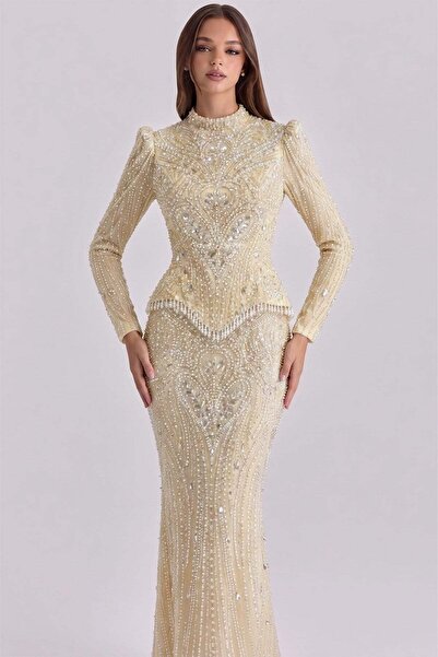 Olcay Pul ve İnci Desenli Exclusive Tesettür Abiye Elbise KREM 1083