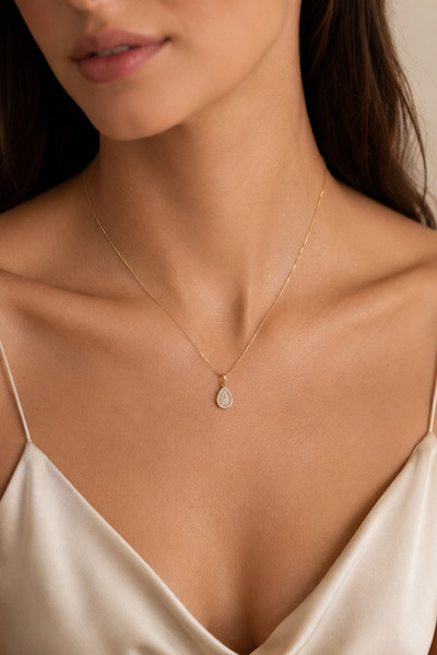 Balenbi Jewelry Taşlı Damla Uçlu Kararmaz Çelik Kadın Kolye 14K Gold 1164
