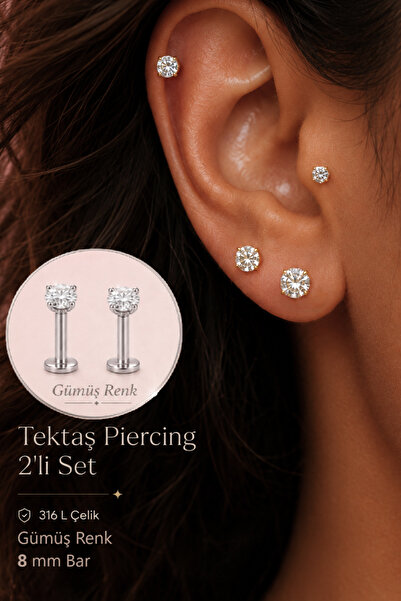 Sacce Scarves&Accessories Tektaş Piercing 2 Adet 316L Çelik Zirkon Taşlı Trag...