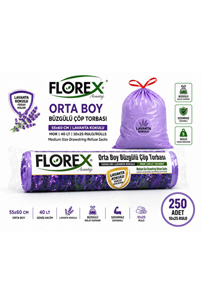 Florex Lavender Scented Drawstring Garbage Bag Medium Size 55X60 cm / 40 Lt