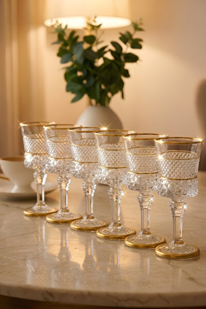 PLT Design Perla Gold 6'lı Yaldızlı Kahve Yanı Su Bardağı Kristal Ayaklı Su B...