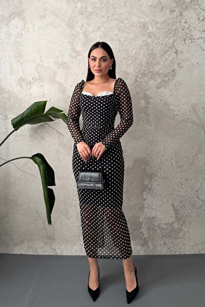 Elbee Fashion Woman Siyah Puantiyeli Göğüs Detaylı Tül Elbise