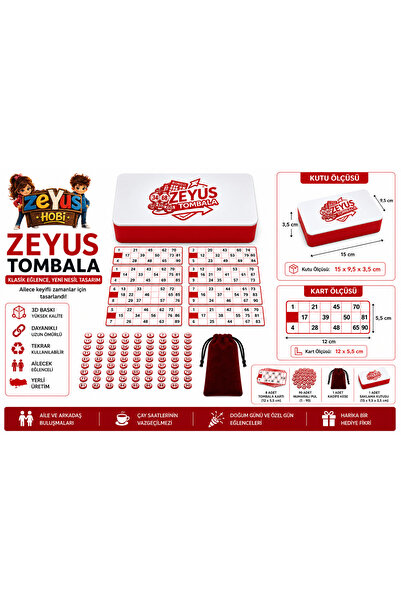 ZEYUS HOBİ ZEYUSHOBİ Premium Tombala Seti | 8 Kart - 90 Pul - Kadife Kese - S...