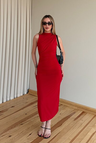 Laluvia Red Draped Slit Dress - 4114