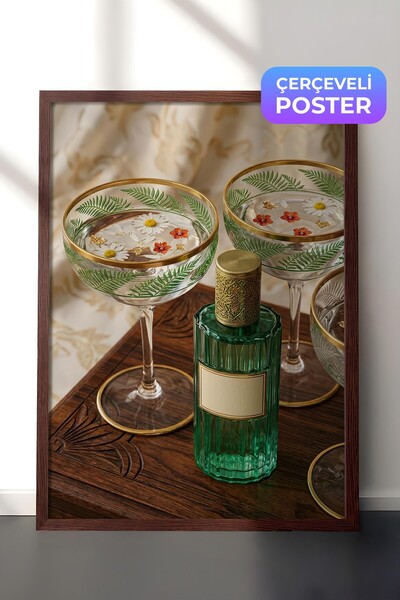 Postifull Kadeh ve Şişe Posteri, Kahverengi Çerçeveli Poster, Old Money Seris...