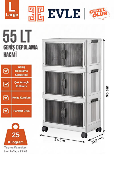 EVLE Katlanabilir Modüler Dolap 3 Katlı, Mutfak Dolabı, Banyo Dolabı 54 cm x ...