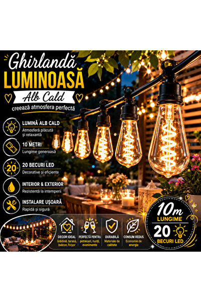 OEM Ghirlandă Luminoasă LED Alb Cald, 10 m, 20 Becuri, pentru Interior și Ext...
