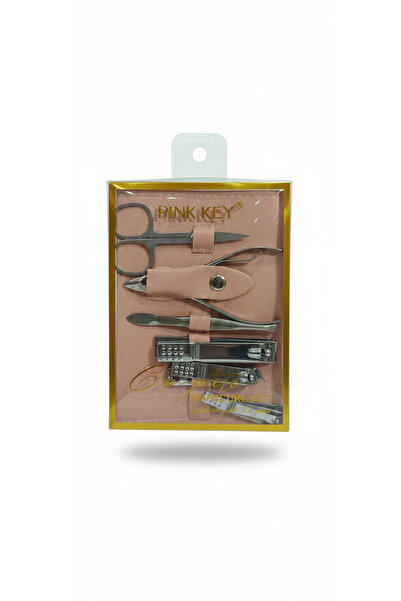 PİNK KEY 7Pcs Manicure Set Nail Care Tools with Scissors and Tweezers - Pink
