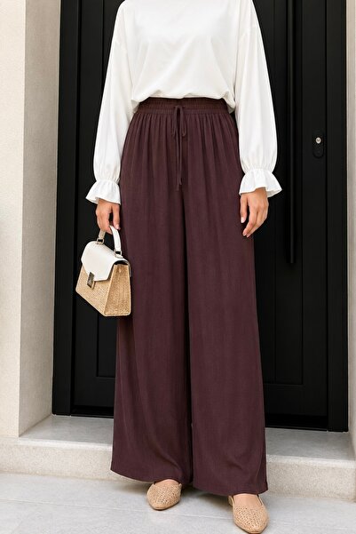 İmajButik Καφέ παντελόνι με ελαστική μέση και φαρδιά μπατζάκια