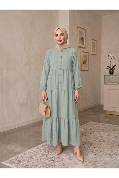 ECEYLÜL MODA 100% Cotton Buttoned Front Black Loose Fit Layered Long Hijab Dress