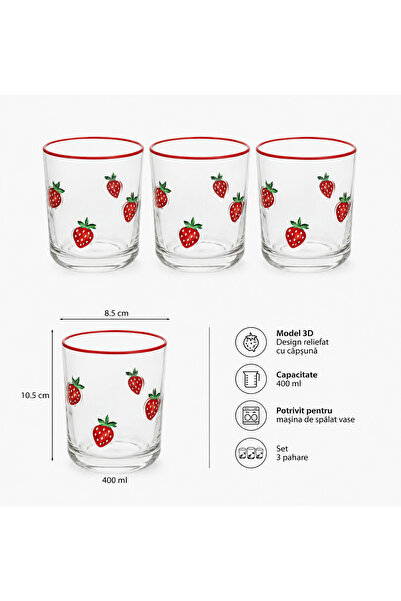OEM Set 3 Pahare din Sticlă 400 ml cu Model 3D Căpșună și Margine Roșie, Reut...