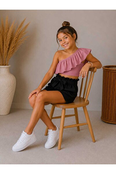 BEBEĞİME ÇORAP Girls' Ruffle Sleeve Blouse and Linen Shorts Top and Bottom Set