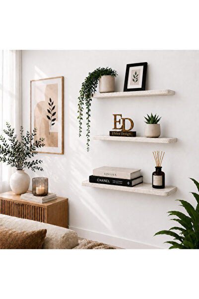 ED Efelez Design 3'lü Duvar Rafı, Gizli Monte Dekoratif Uçan Raf, 60x18 Cm Ge...