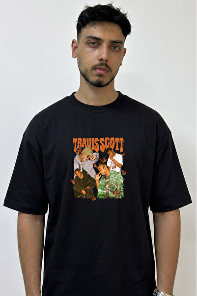 Anetos Travis Scott_108 Design Printed Oversize Black T-Shirt