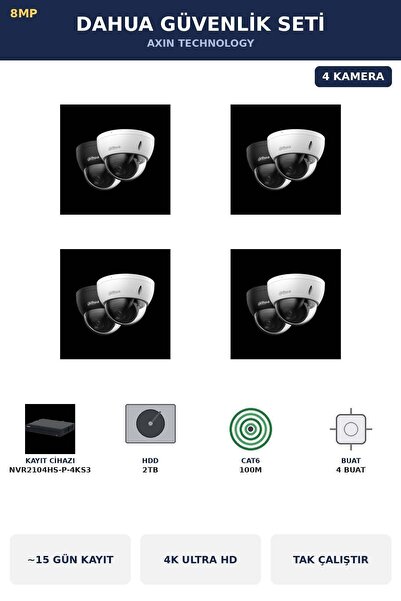 DAHUA 4 Kameralı 8MP Güvenlik Kamera Seti 4K 8MP IP PoE Dome İç Mekan 2TB ~15...