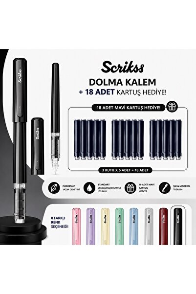 Scrikss Primeo Dolma Kalem Siyah + 18 Adet Mavi Kartuş Hediye