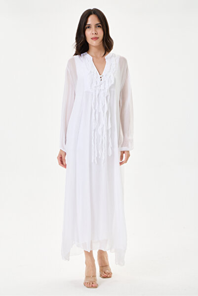 della moor White Italian Collar Ruffle Half Placket Buttoned Collar Lined Lon...