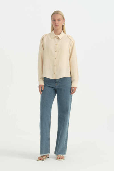 Nihan Wide Cuff Linen Touch Shirt - Cream
