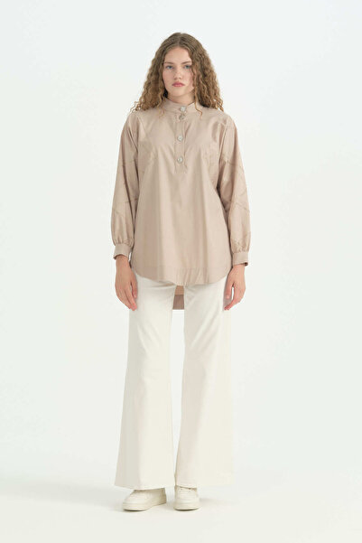 Nihan Sequined and Stone Buttoned Cotton Tunic - Beige