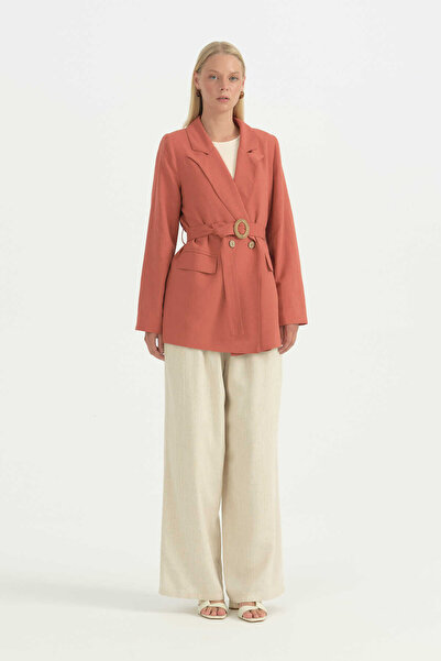 Nihan Double-Breasted Belted Linen Jacket - Tile Color
