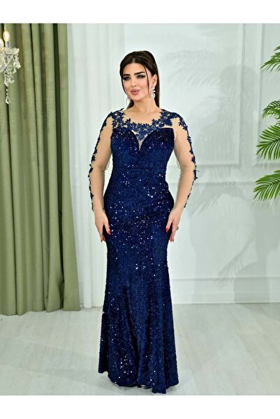 CACHE MONNEY Luxury Lace Embroidery Evening Dress Navy Blue Sequined Gown